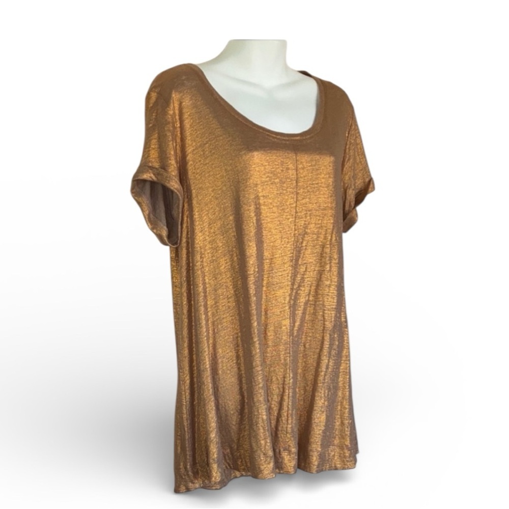 BORDEAUX Shimmering Gold Metallic Linen Tee, Short Sleeve/Cuffs, Boat Neck L